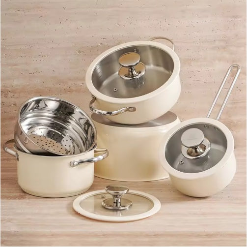 9PCS Stainless Steel Ceramic Coated Cookware Set with Glass Lids & Steamer, Non-Stick Pots and Pans Set for Gas & Induction Cooktops, Dishwasher & Oven Safe Kitchen Cookware