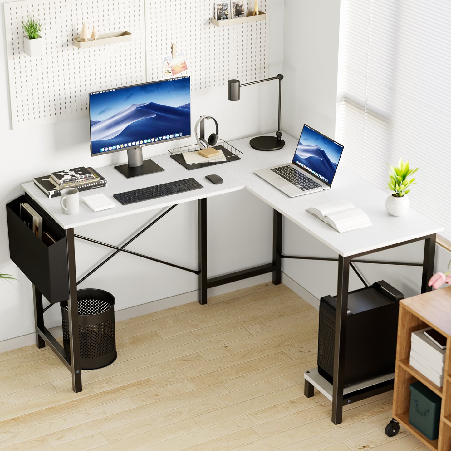 L-Shaped Computer Desk 50 Inch Corner Desk with Storage Pocket & CPU Stand, Sturdy Steel Frame Wooden Desktop Workstation, Space Saving Gaming Desk for Home Office Study Room