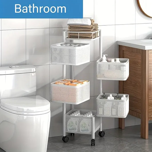 5-Tier Rotating Kitchen Storage Shelf with Wheels, Metal Fruit & Vegetable Basket Rack, 360° Swivel Multi-Layer Floor Standing Storage Trolley for Kitchen, Bathroom, Bedroom – Square Rolling Organizer Rack