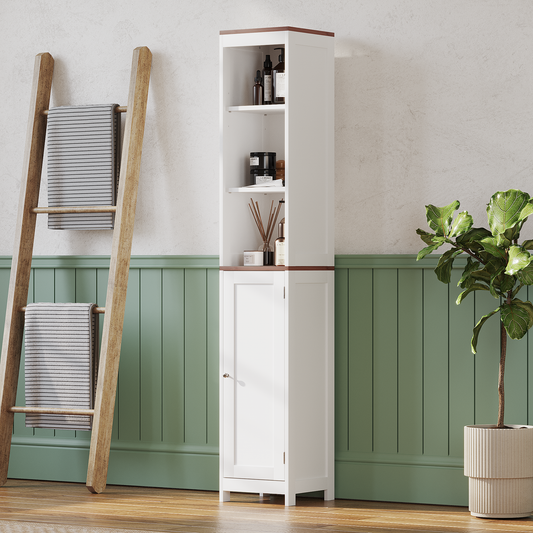 Tall Bathroom Storage Cabinet with Reversible Door, Narrow Freestanding Linen Tower Organizer, Adjustable Shelves, Open Storage and Enclosed Cabinet for Bathroom Laundry Room Small Spaces, White