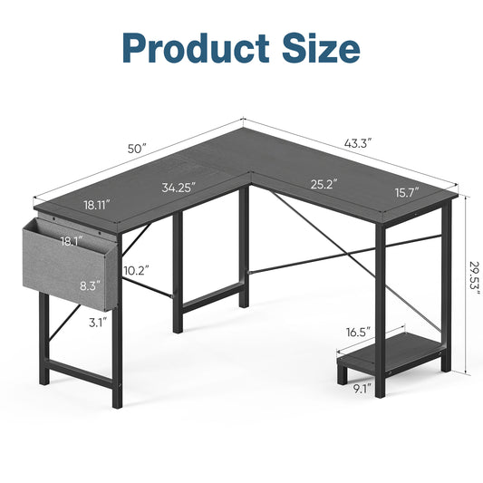 L-Shaped Computer Desk 50 Inch Corner Desk with Storage Pocket & CPU Stand, Sturdy Steel Frame Wooden Desktop Workstation, Space Saving Gaming Desk for Home Office Study Room