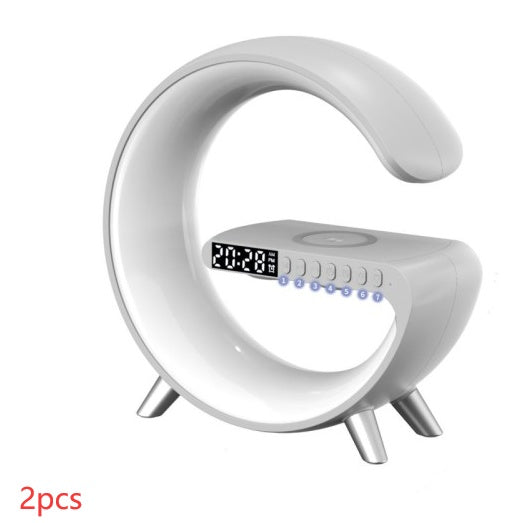 G-Shaped LED Lamp with Bluetooth Speaker & 15W Wireless Charger, Smart Atmosphere Light with App Control, Alarm Clock, Dimmable RGB Night Light for Bedroom Home Decor