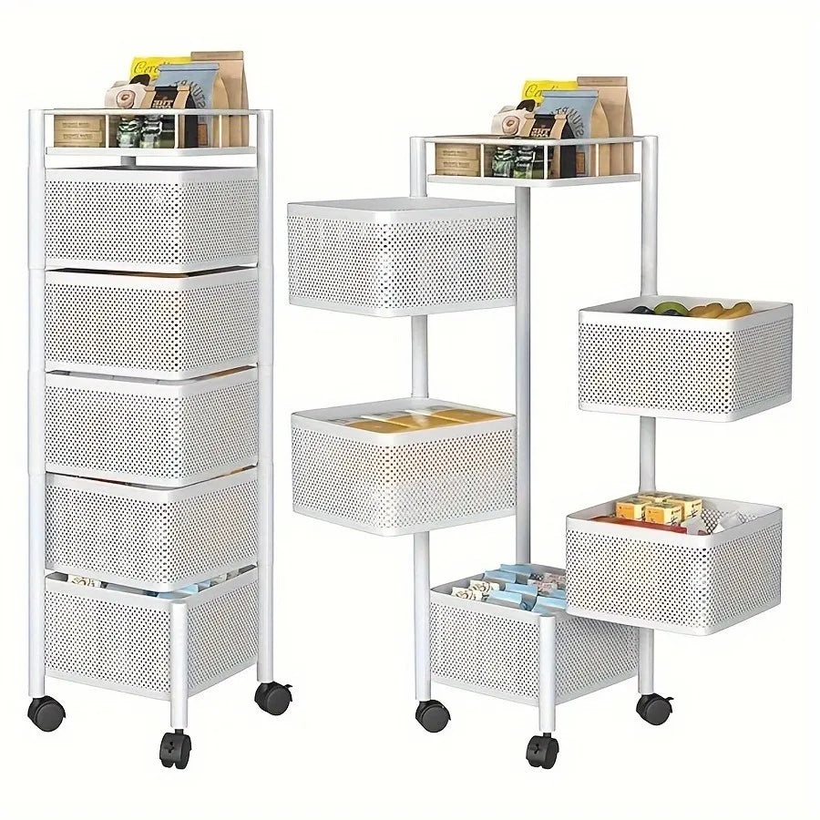 5-Tier Rotating Kitchen Storage Shelf with Wheels, Metal Fruit & Vegetable Basket Rack, 360° Swivel Multi-Layer Floor Standing Storage Trolley for Kitchen, Bathroom, Bedroom – Square Rolling Organizer Rack