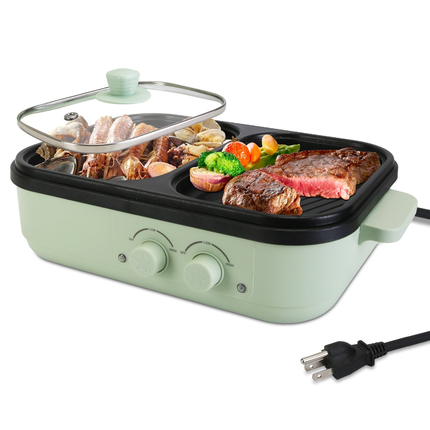 2-in-1 Electric Hot Pot with Grill Non-Stick Cooker, Portable Dual Power Electric Cooker Pot & Griddle Combo with Glass Lid, Fast Heating Mini Electric Skillet for BBQ, Noodles, Steak (1–2 People)