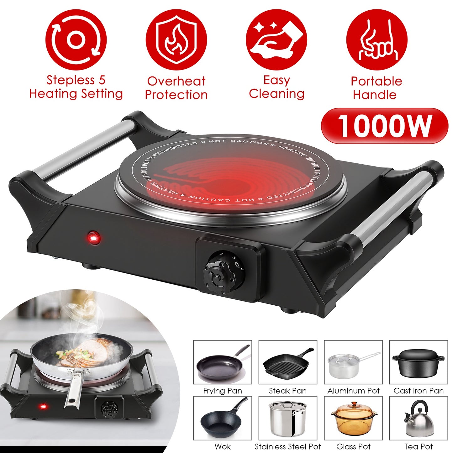 1000W Electric Single Burner Hot Plate Portable Countertop Stove with Stepless Temperature Control, Fast Heating Glass Cooktop, Compact RV Cooking Burner with Handles for Travel & Dorm Use