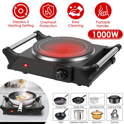 1000W Electric Single Burner Hot Plate Portable Countertop Stove with Stepless Temperature Control, Fast Heating Glass Cooktop, Compact RV Cooking Burner with Handles for Travel & Dorm Use