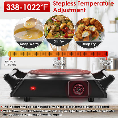 1000W Electric Single Burner Hot Plate Portable Countertop Stove with Stepless Temperature Control, Fast Heating Glass Cooktop, Compact RV Cooking Burner with Handles for Travel & Dorm Use