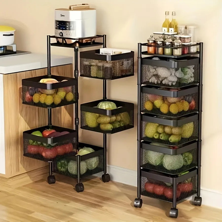 5-Tier Rotating Kitchen Storage Shelf with Wheels, Metal Fruit & Vegetable Basket Rack, 360° Swivel Multi-Layer Floor Standing Storage Trolley for Kitchen, Bathroom, Bedroom – Square Rolling Organizer Rack