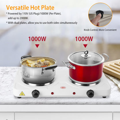2000W Electric Dual Burner Hot Plate Portable Countertop Stove with 5 Temperature Settings, Double Coil Heating Cooktop for RV, Dorm, Camping, Apartment, Travel & Home Cooking