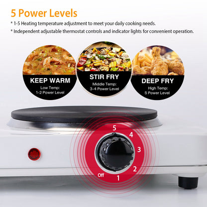 2000W Electric Dual Burner Hot Plate Portable Countertop Stove with 5 Temperature Settings, Double Coil Heating Cooktop for RV, Dorm, Camping, Apartment, Travel & Home Cooking