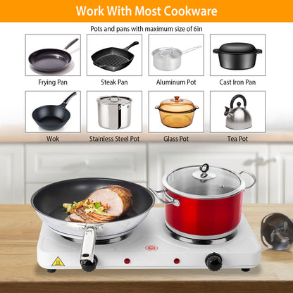 2000W Electric Dual Burner Hot Plate Portable Countertop Stove with 5 Temperature Settings, Double Coil Heating Cooktop for RV, Dorm, Camping, Apartment, Travel & Home Cooking