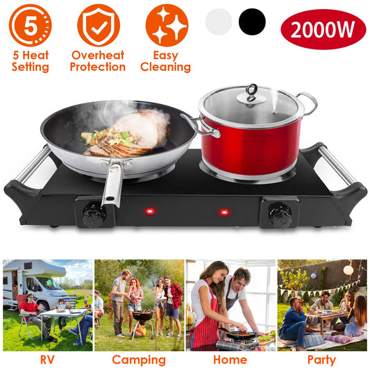 2000W Electric Dual Burner Hot Plate Portable Countertop Stove with 5 Temperature Settings, Double Coil Heating Cooktop for RV, Dorm, Camping, Apartment, Travel & Home Cooking, Black/White