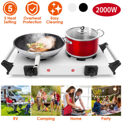 2000W Electric Dual Burner Hot Plate Portable Countertop Stove with 5 Temperature Settings, Double Coil Heating Cooktop for RV, Dorm, Camping, Apartment, Travel & Home Cooking, Black/White