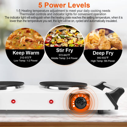 2000W Electric Dual Burner Hot Plate Portable Countertop Stove with 5 Temperature Settings, Double Coil Heating Cooktop for RV, Dorm, Camping, Apartment, Travel & Home Cooking, Black/White