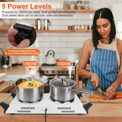 2000W Electric Dual Burner Hot Plate Portable Countertop Stove with 5 Temperature Settings, Double Coil Heating Cooktop for RV, Dorm, Camping, Apartment, Travel & Home Cooking, Black/White