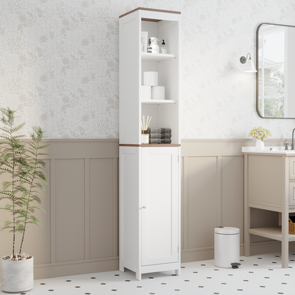 Tall Bathroom Storage Cabinet with Reversible Door, Narrow Freestanding Linen Tower Organizer, Adjustable Shelves, Open Storage and Enclosed Cabinet for Bathroom Laundry Room Small Spaces, White