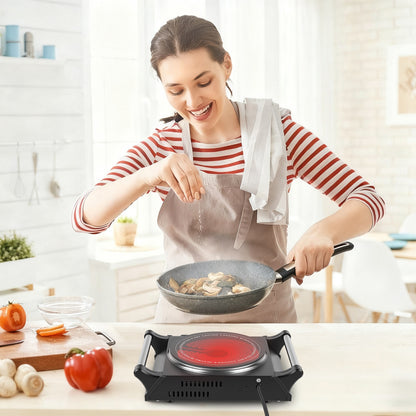 1000W Electric Single Burner Hot Plate Portable Countertop Stove with Stepless Temperature Control, Fast Heating Glass Cooktop, Compact RV Cooking Burner with Handles for Travel & Dorm Use