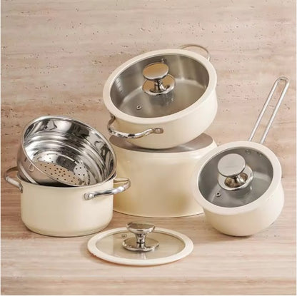 9PCS Stainless Steel Ceramic Coated Cookware Set with Glass Lids & Steamer, Non-Stick Pots and Pans Set for Gas & Induction Cooktops, Dishwasher & Oven Safe Kitchen Cookware
