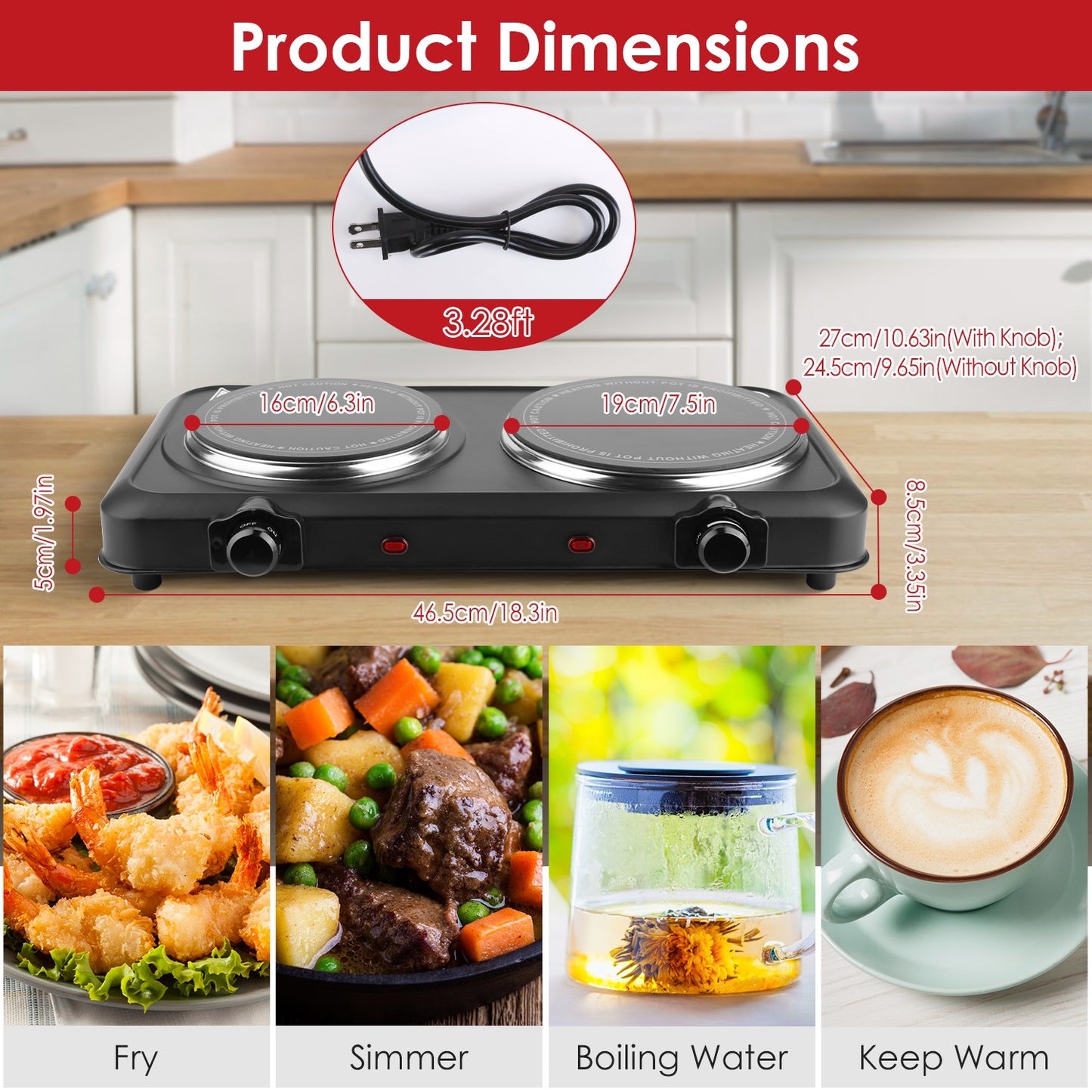 1Pc 2000W Electric Infrared Dual Burner Portable Heating Hot Plate Stove Countertop RV Hotplate With Glass Cooktop Stepless Temperature Adjustments For Home RV Camp