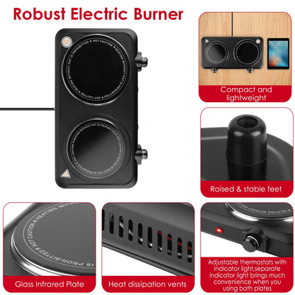 1Pc 2000W Electric Infrared Dual Burner Portable Heating Hot Plate Stove Countertop RV Hotplate With Glass Cooktop Stepless Temperature Adjustments For Home RV Camp