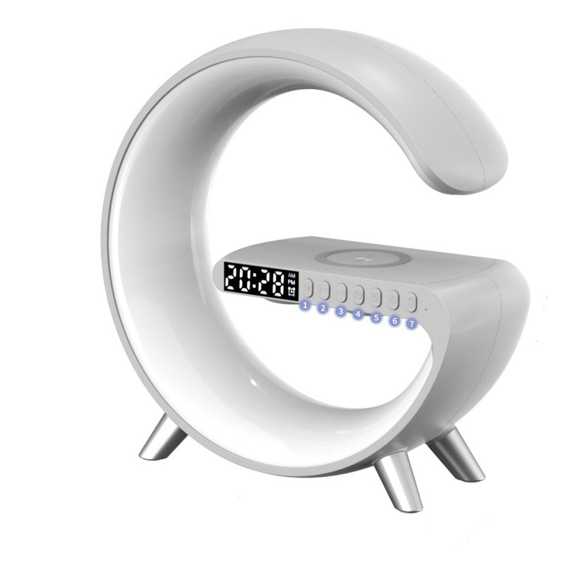 G-Shaped LED Lamp with Bluetooth Speaker & 15W Wireless Charger, Smart Atmosphere Light with App Control, Alarm Clock, Dimmable RGB Night Light for Bedroom Home Decor