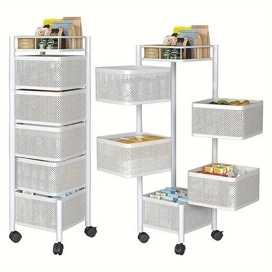 5-Tier Rotating Kitchen Storage Shelf with Wheels, Metal Fruit & Vegetable Basket Rack, 360° Swivel Multi-Layer Floor Standing Storage Trolley for Kitchen, Bathroom, Bedroom – Square Rolling Organizer Rack