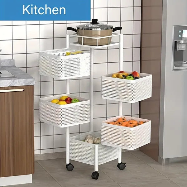 5-Tier Rotating Kitchen Storage Shelf with Wheels, Metal Fruit & Vegetable Basket Rack, 360° Swivel Multi-Layer Floor Standing Storage Trolley for Kitchen, Bathroom, Bedroom – Square Rolling Organizer Rack