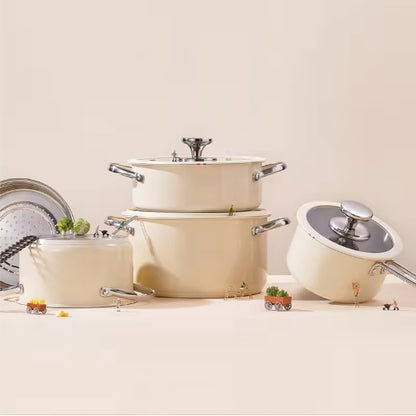 9PCS Stainless Steel Ceramic Coated Cookware Set with Glass Lids & Steamer, Non-Stick Pots and Pans Set for Gas & Induction Cooktops, Dishwasher & Oven Safe Kitchen Cookware