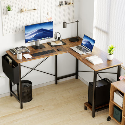 L-Shaped Computer Desk 50 Inch Corner Desk with Storage Pocket & CPU Stand, Sturdy Steel Frame Wooden Desktop Workstation, Space Saving Gaming Desk for Home Office Study Room