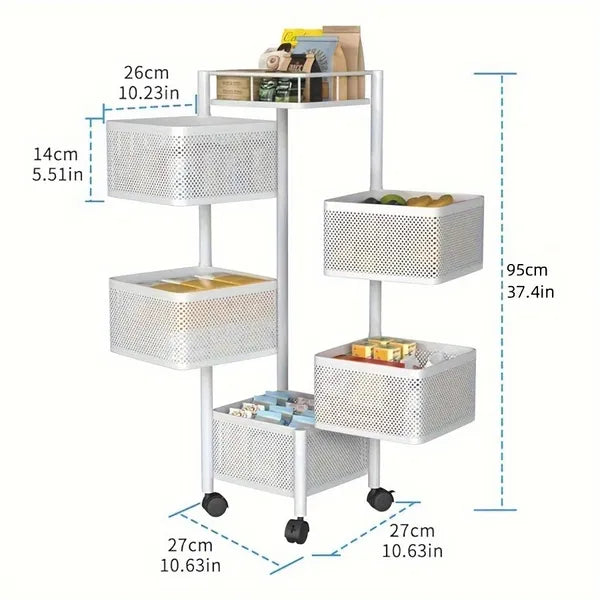 5-Tier Rotating Kitchen Storage Shelf with Wheels, Metal Fruit & Vegetable Basket Rack, 360° Swivel Multi-Layer Floor Standing Storage Trolley for Kitchen, Bathroom, Bedroom – Square Rolling Organizer Rack