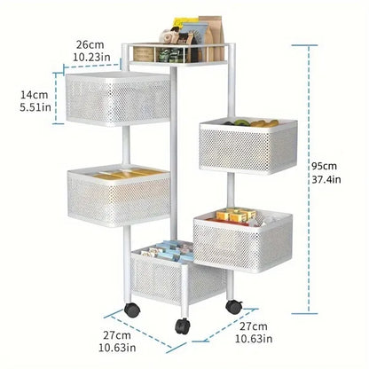 5-Tier Rotating Kitchen Storage Shelf with Wheels, Metal Fruit & Vegetable Basket Rack, 360° Swivel Multi-Layer Floor Standing Storage Trolley for Kitchen, Bathroom, Bedroom – Square Rolling Organizer Rack