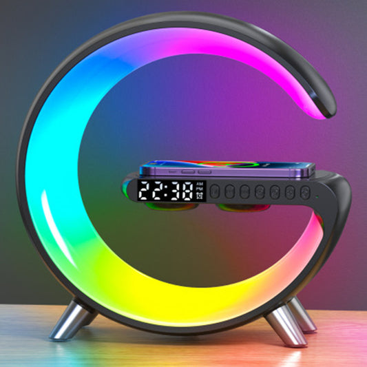 G-Shaped LED Lamp with Bluetooth Speaker & 15W Wireless Charger, Smart Atmosphere Light with App Control, Alarm Clock, Dimmable RGB Night Light for Bedroom Home Decor