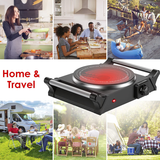 1000W Electric Single Burner Hot Plate Portable Countertop Stove with Stepless Temperature Control, Fast Heating Glass Cooktop, Compact RV Cooking Burner with Handles for Travel & Dorm Use