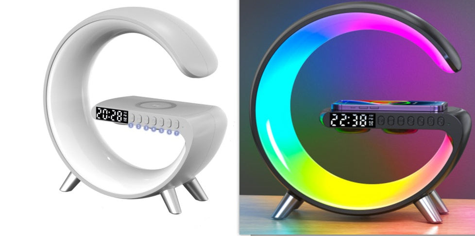 G-Shaped LED Lamp with Bluetooth Speaker & 15W Wireless Charger, Smart Atmosphere Light with App Control, Alarm Clock, Dimmable RGB Night Light for Bedroom Home Decor