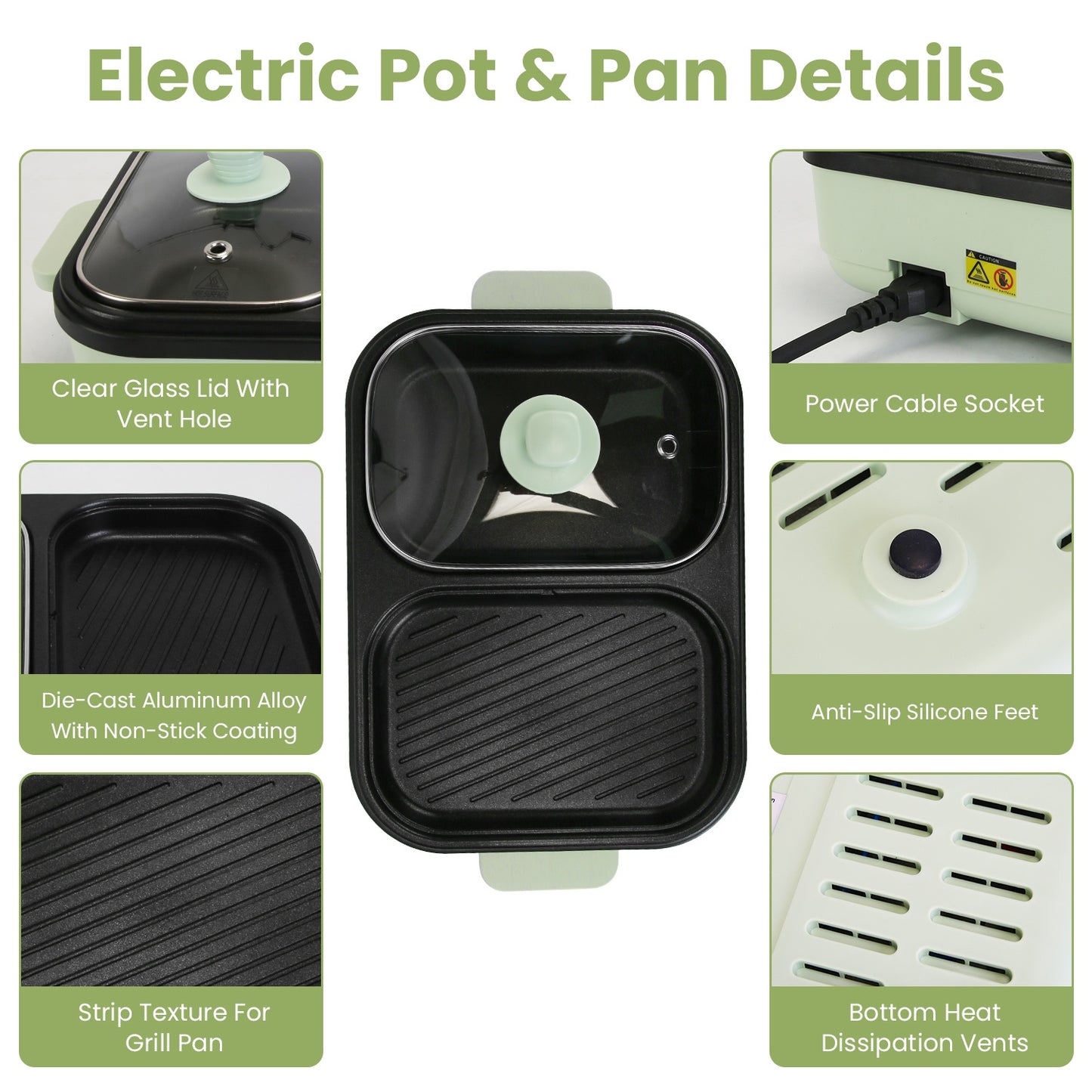 2-in-1 Electric Hot Pot with Grill Non-Stick Cooker, Portable Dual Power Electric Cooker Pot & Griddle Combo with Glass Lid, Fast Heating Mini Electric Skillet for BBQ, Noodles, Steak (1–2 People)