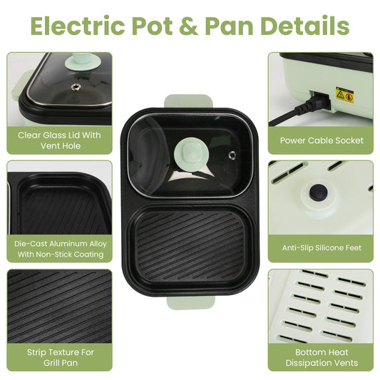 2-in-1 Electric Hot Pot with Grill Non-Stick Cooker, Portable Dual Power Electric Cooker Pot & Griddle Combo with Glass Lid, Fast Heating Mini Electric Skillet for BBQ, Noodles, Steak (1–2 People)