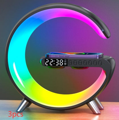 G-Shaped LED Lamp with Bluetooth Speaker & 15W Wireless Charger, Smart Atmosphere Light with App Control, Alarm Clock, Dimmable RGB Night Light for Bedroom Home Decor