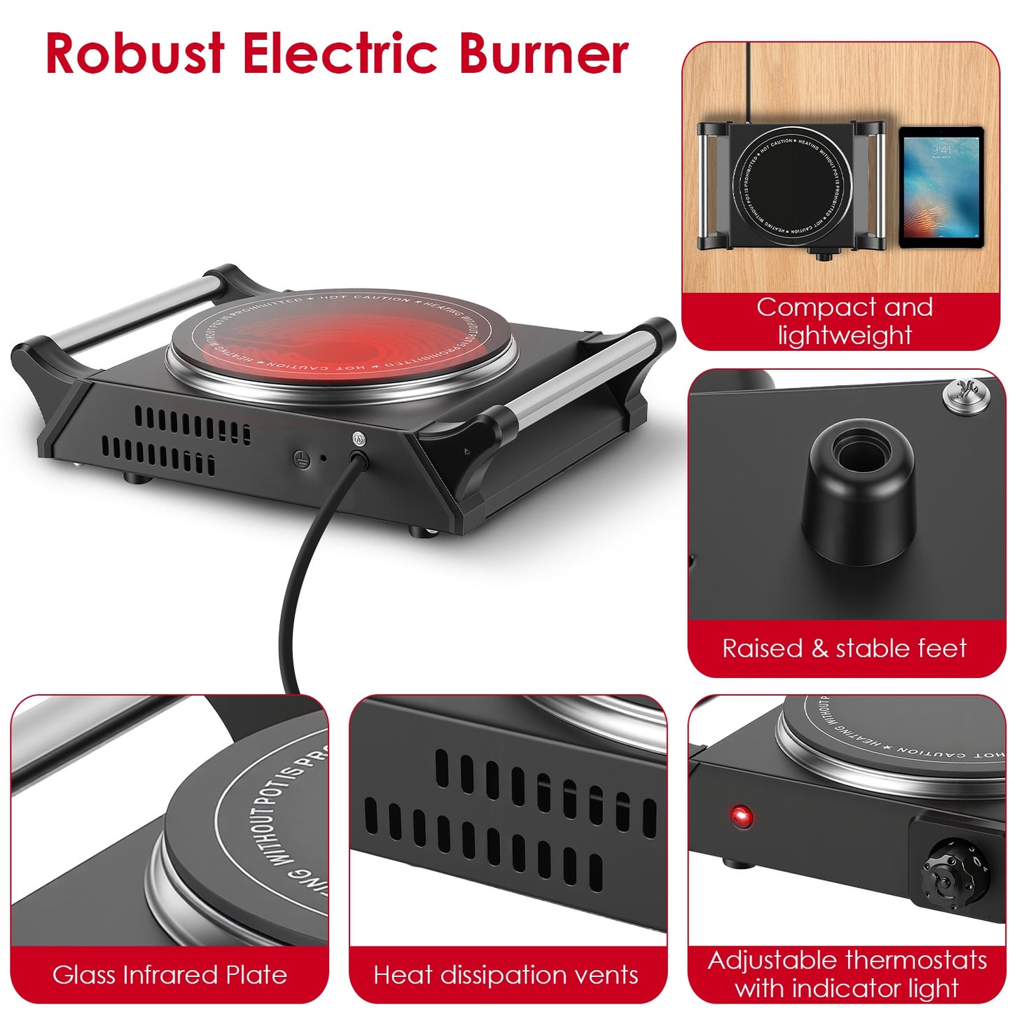 1000W Electric Single Burner Hot Plate Portable Countertop Stove with Stepless Temperature Control, Fast Heating Glass Cooktop, Compact RV Cooking Burner with Handles for Travel & Dorm Use