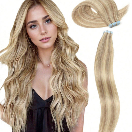 Platinum Blonde Tape In Hair Extensions 20” Double Drawn Remy Human Hair 50g Seamless Invisible Skin Weft Thick Full Ends Soft Smooth Tangle Free Waterproof Adhesive