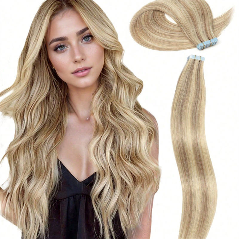 Platinum Blonde Tape In Hair Extensions 20” Double Drawn Remy Human Hair 50g Seamless Invisible Skin Weft Thick Full Ends Soft Smooth Tangle Free Waterproof Adhesive