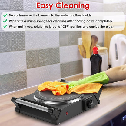 1000W Electric Single Burner Hot Plate Portable Countertop Stove with Stepless Temperature Control, Fast Heating Glass Cooktop, Compact RV Cooking Burner with Handles for Travel & Dorm Use