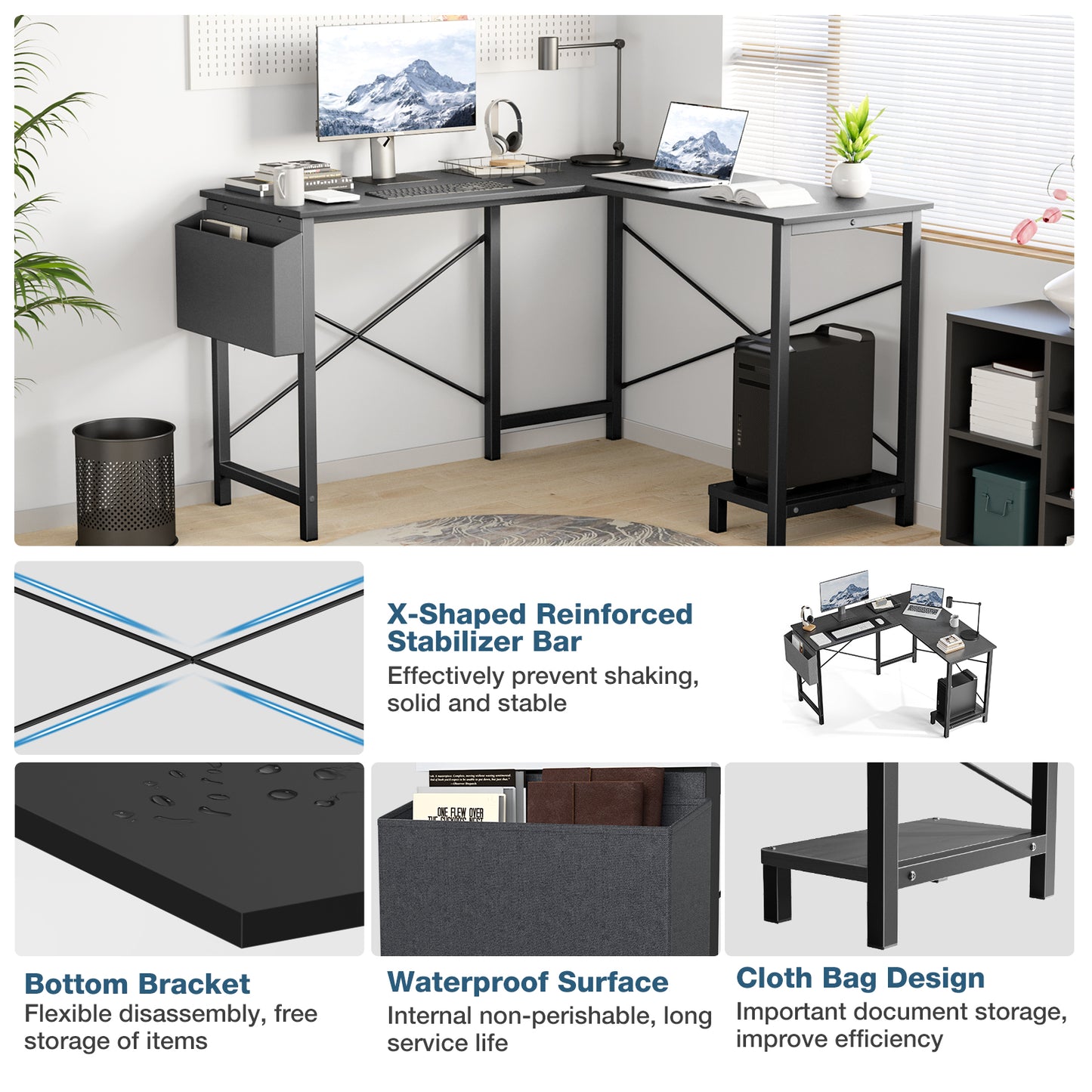 L-Shaped Computer Desk 50 Inch Corner Desk with Storage Pocket & CPU Stand, Sturdy Steel Frame Wooden Desktop Workstation, Space Saving Gaming Desk for Home Office Study Room