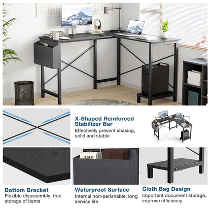 L-Shaped Computer Desk 50 Inch Corner Desk with Storage Pocket & CPU Stand, Sturdy Steel Frame Wooden Desktop Workstation, Space Saving Gaming Desk for Home Office Study Room