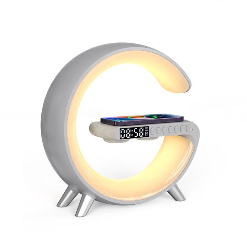G-Shaped LED Lamp with Bluetooth Speaker & 15W Wireless Charger, Smart Atmosphere Light with App Control, Alarm Clock, Dimmable RGB Night Light for Bedroom Home Decor
