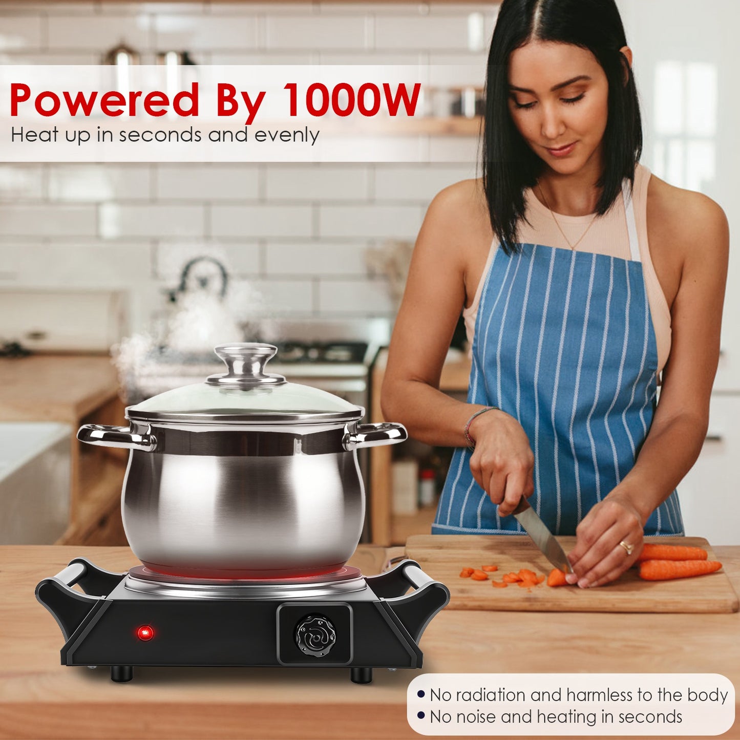 1000W Electric Single Burner Hot Plate Portable Countertop Stove with Stepless Temperature Control, Fast Heating Glass Cooktop, Compact RV Cooking Burner with Handles for Travel & Dorm Use