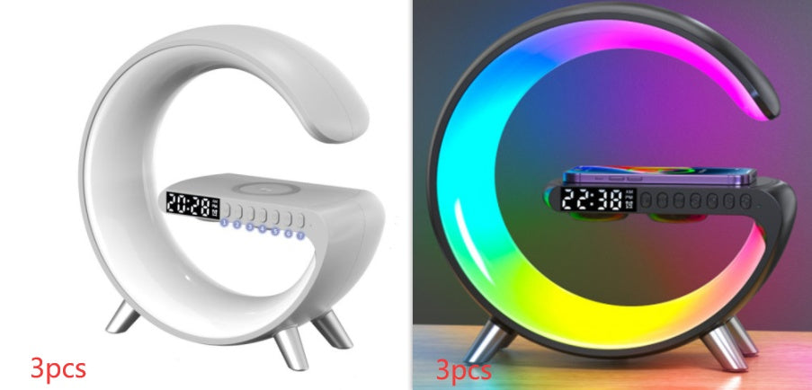 G-Shaped LED Lamp with Bluetooth Speaker & 15W Wireless Charger, Smart Atmosphere Light with App Control, Alarm Clock, Dimmable RGB Night Light for Bedroom Home Decor