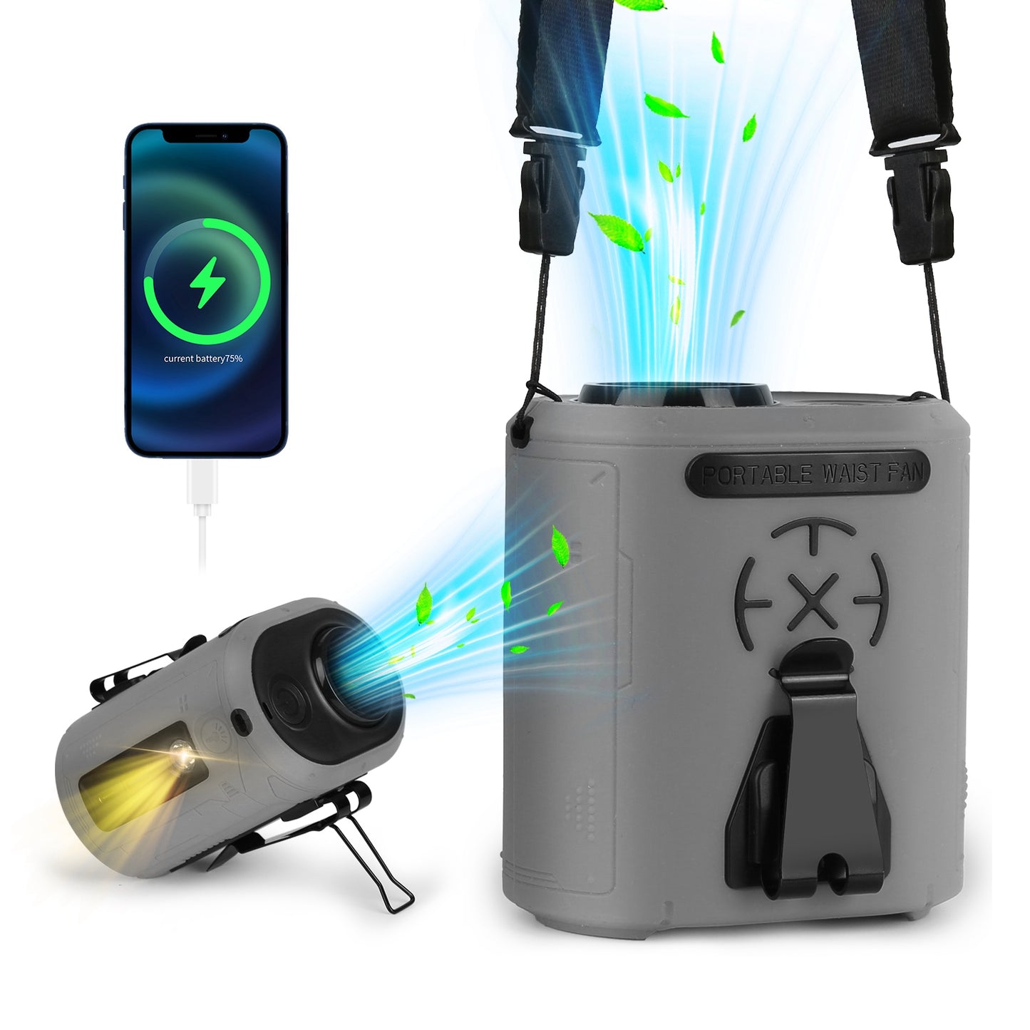 5-in-1 Portable Waist Clip Fan, Wearable Neck Fan with 10000mAh Power Bank & LED Flashlight, Turbo Brushless Motor, 5-Speed Hands-Free Belt Clip Fan, 10H Battery Life, USB Rechargeable Personal Fan for Outdoor, Travel, Hiking, Desk