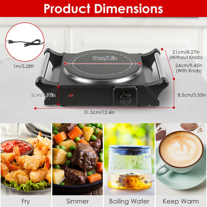 1000W Electric Single Burner Hot Plate Portable Countertop Stove with Stepless Temperature Control, Fast Heating Glass Cooktop, Compact RV Cooking Burner with Handles for Travel & Dorm Use