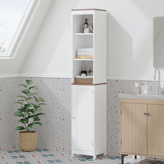 Tall Bathroom Storage Cabinet with Reversible Door, Narrow Freestanding Linen Tower Organizer, Adjustable Shelves, Open Storage and Enclosed Cabinet for Bathroom Laundry Room Small Spaces, White