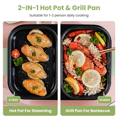 2-in-1 Electric Hot Pot with Grill Non-Stick Cooker, Portable Dual Power Electric Cooker Pot & Griddle Combo with Glass Lid, Fast Heating Mini Electric Skillet for BBQ, Noodles, Steak (1–2 People)